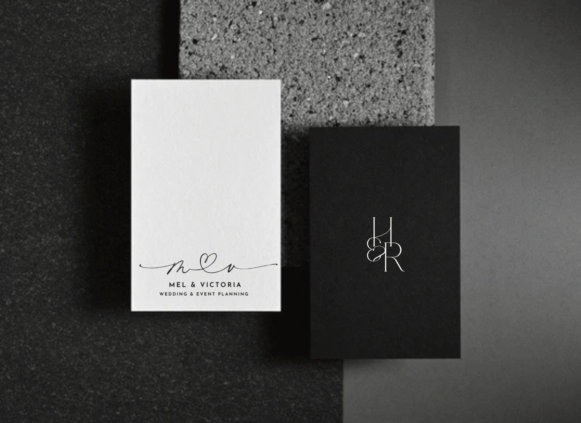 Modern Logo Identity Suite for Home & Lifestyle Brands Luxury black business card mockups featuring modern, geometric logos for two interior-focused brands in white, green, and navy tones.