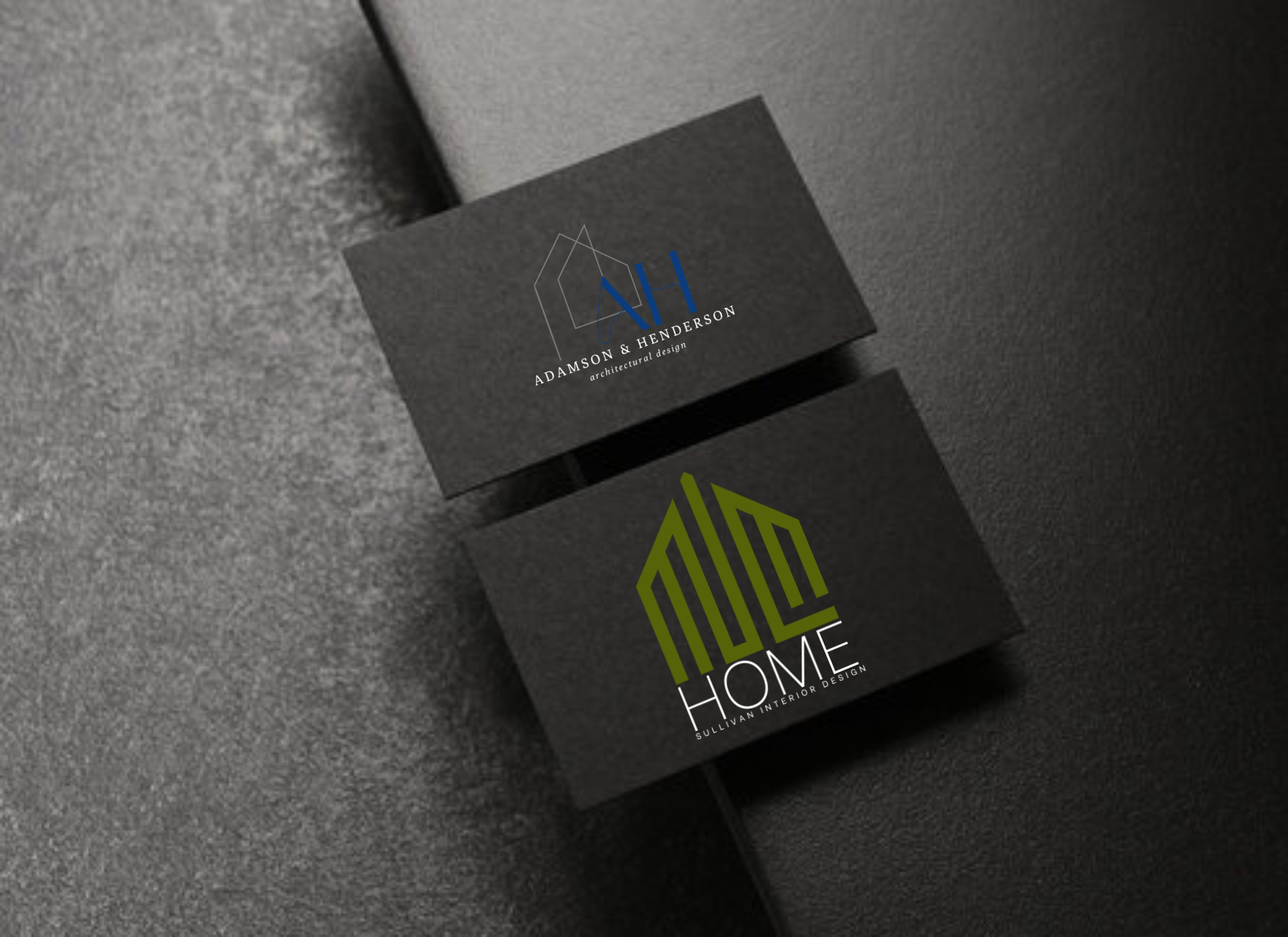 Refined Brand Marks for Event & Lifestyle Studios Elegant vertical business cards featuring a custom script logo for a wedding planner and a monogram mark for a luxury brand — set against a textured backdrop.
